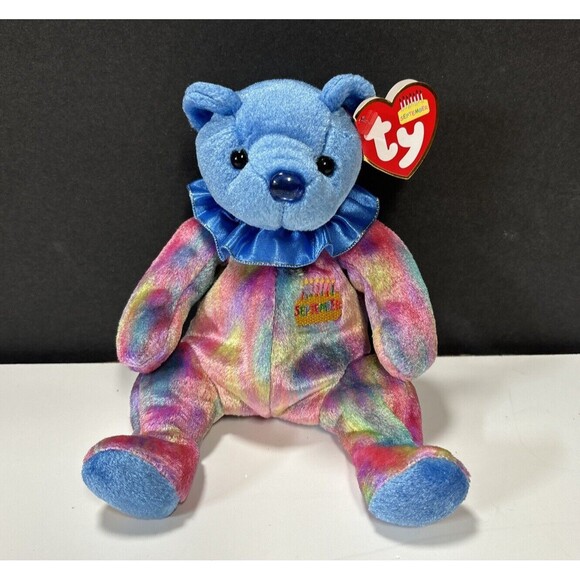Ty Beanie Baby SEPTEMBER The Birthday Bear Clown  Tie Dye With Tag 2001   7" - Picture 1 of 7